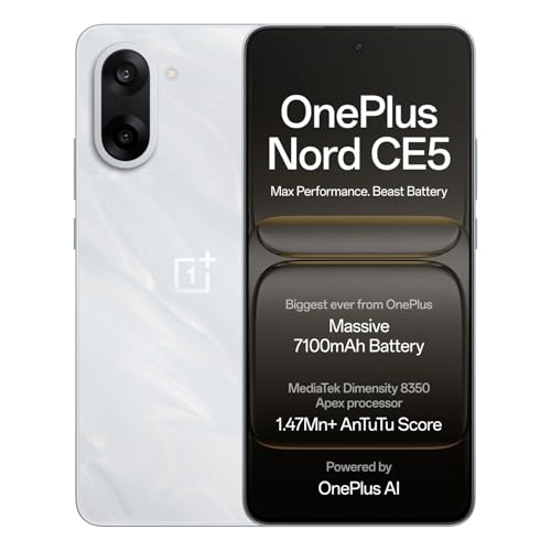 OnePlus Nord CE5 | MediaTek Dimensity | Massive 7100mAh Battery | Powered by OnePlus AI | 128GB 8GB | Marble Mist