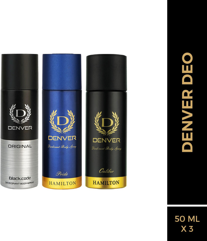 DENVER Pride, Black.code Original & Caliber Nano Deodorant Spray  –  For Men(150 ml, Pack of 3)
