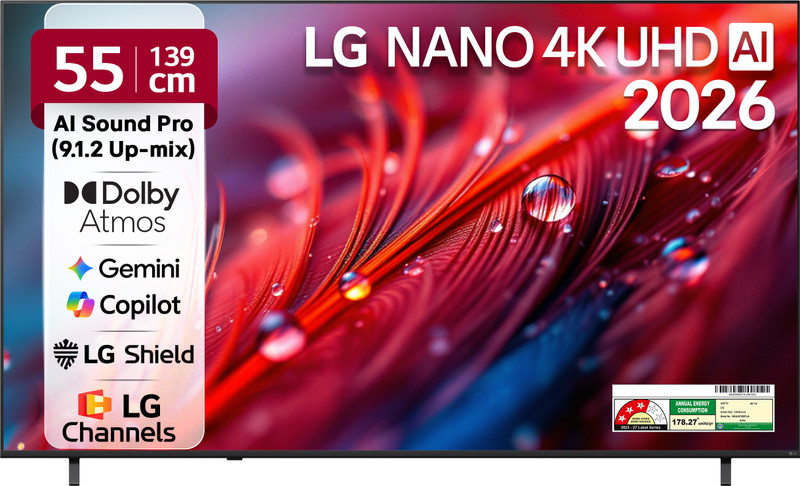 LG 139 cm (55 inch) Ultra HD (4K) LED Smart WebOS TV 2026 Edition with NANO Detail Enhancer, HDR10 Pro, 4K Super Upscaling Alpha7 AI Processor 4K Gen9, Dolby Atmos, AI Sound Pro (9.1.2 ch), Multi AI (Google Gemini & MS Copilot), Linear Flow Design, 60Hz VRR, 5 Years OS upgrade, Secured by LG Shield,
