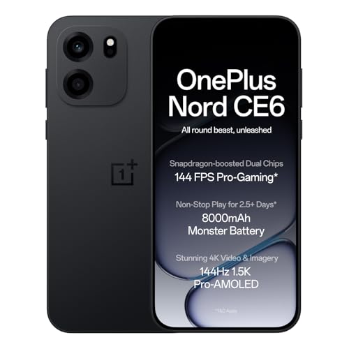 OnePlus Nord CE6 | 8GB+128GB | Pitch Black | Snapdragon 7s Gen 4 | Segment’s Fastest Touch Response | 8000mAh Battery | 144Hz 1.5K AMOLED Display | 50MP Main + 32MP Selfie 4K Cameras | IP66,68,69,69K