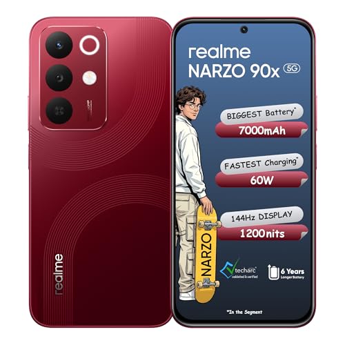 realme NARZO 90x 5G (Maroon Red 2026, 4GB+128GB) | 7000mAh + 60W Biggest Battery & Fastest Charging in the Segment* | 144Hz Bright Display | Sony 50MP AI Rear Camera | 400% Ultra Boom Speaker
