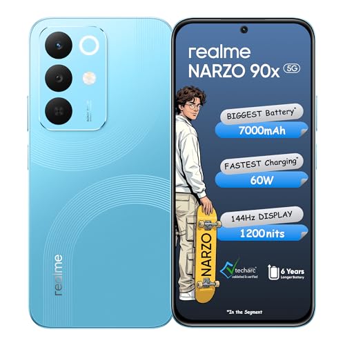 realme NARZO 90x 5G (Aqua Blue 2026, 6GB+128GB) | 7000mAh + 60W Biggest Battery & Fastest Charging in the Segment* | 144Hz Bright Display | Sony 50MP AI Rear Camera | 400% Ultra Boom Speaker